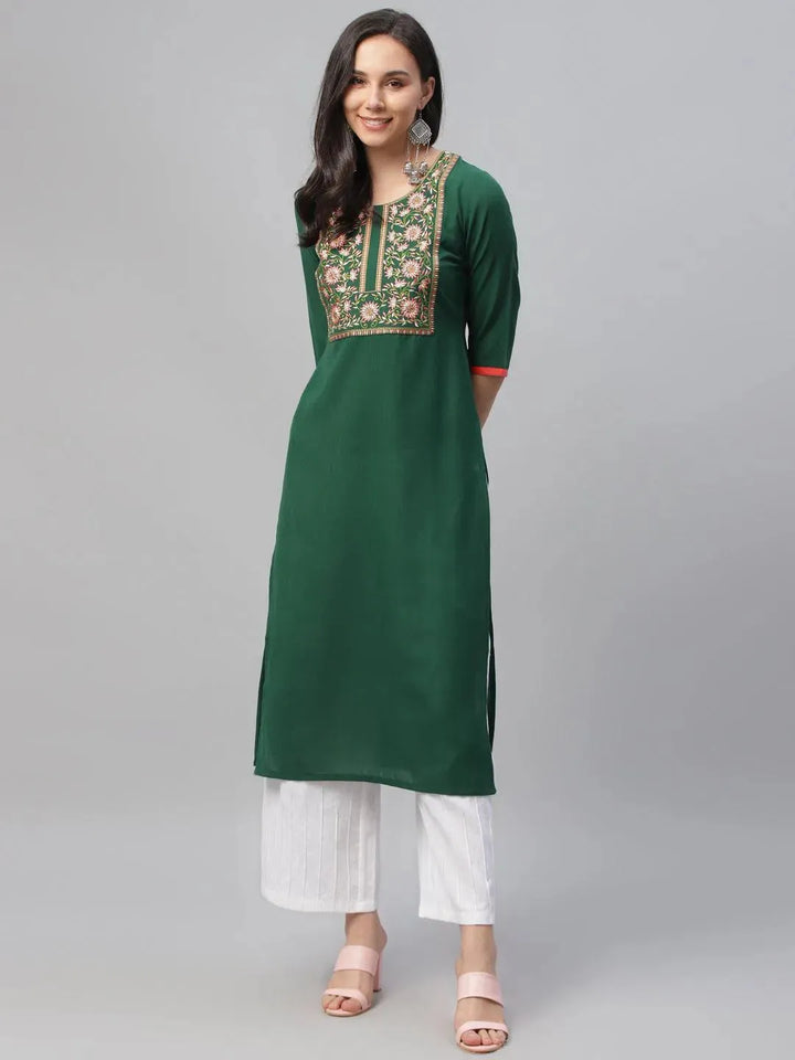 Green Embroidered Cotton Kurta - Libas