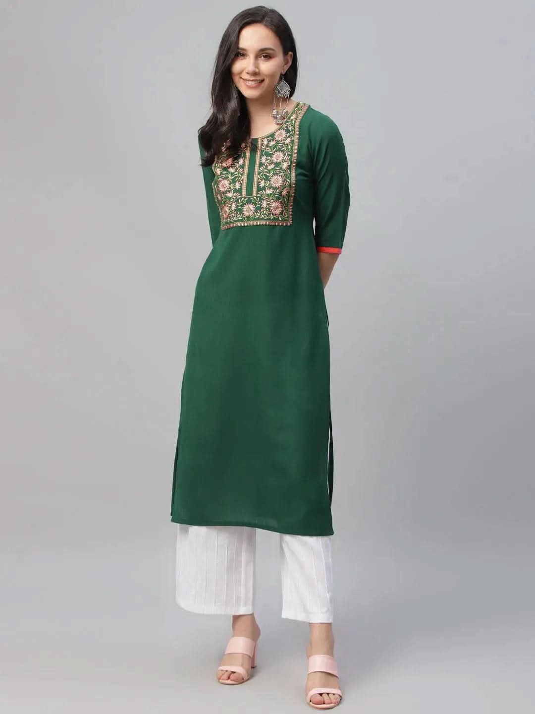 

Buy Green Embroidered Cotton Kurta - 9152F- | Libas Ethnic Wear Online