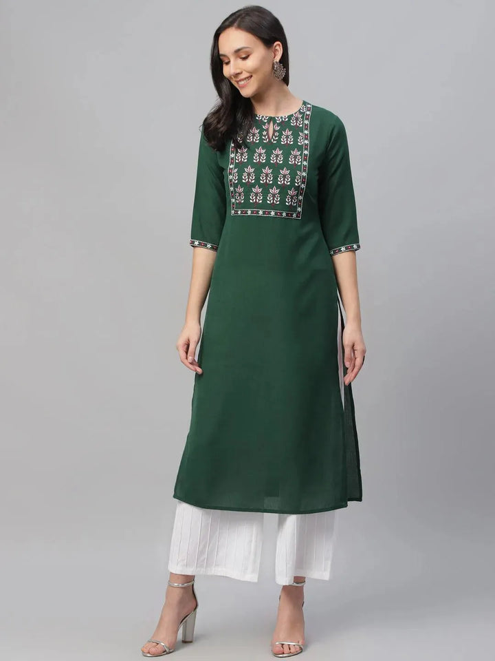 Green Embroidered Cotton Kurta - Libas