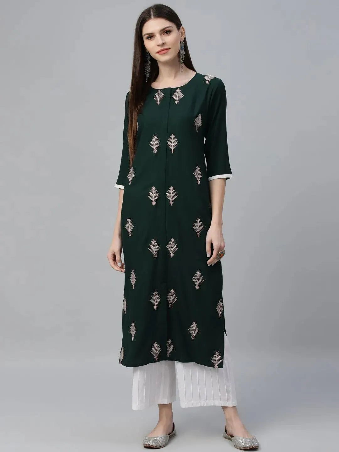 Green Embroidered Cotton Kurta - Libas 