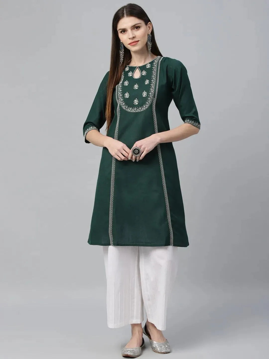 Green Embroidered Cotton Kurta - Libas 