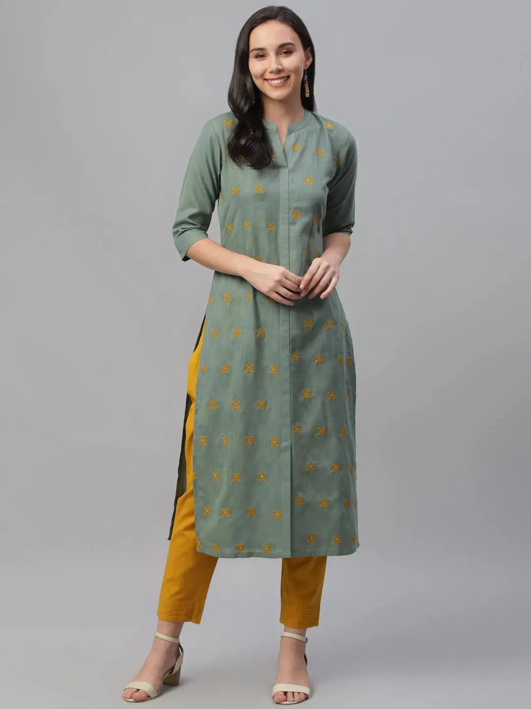 Green Embroidered Cotton Kurta - Libas