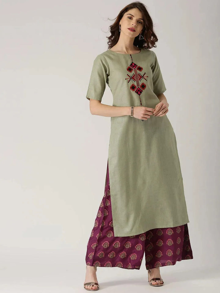 Green Embroidered Cotton Kurta - Libas