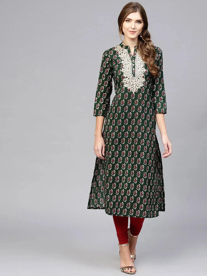 Green Embroidered Cotton Kurta - Libas