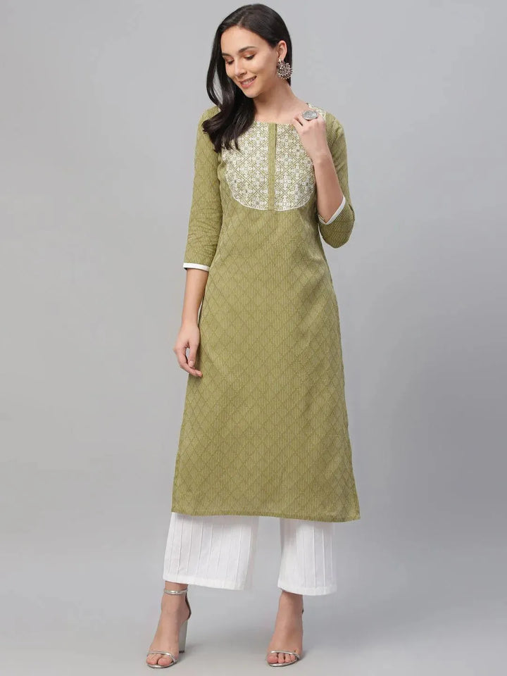 Green Embroidered Cotton Kurta - Libas