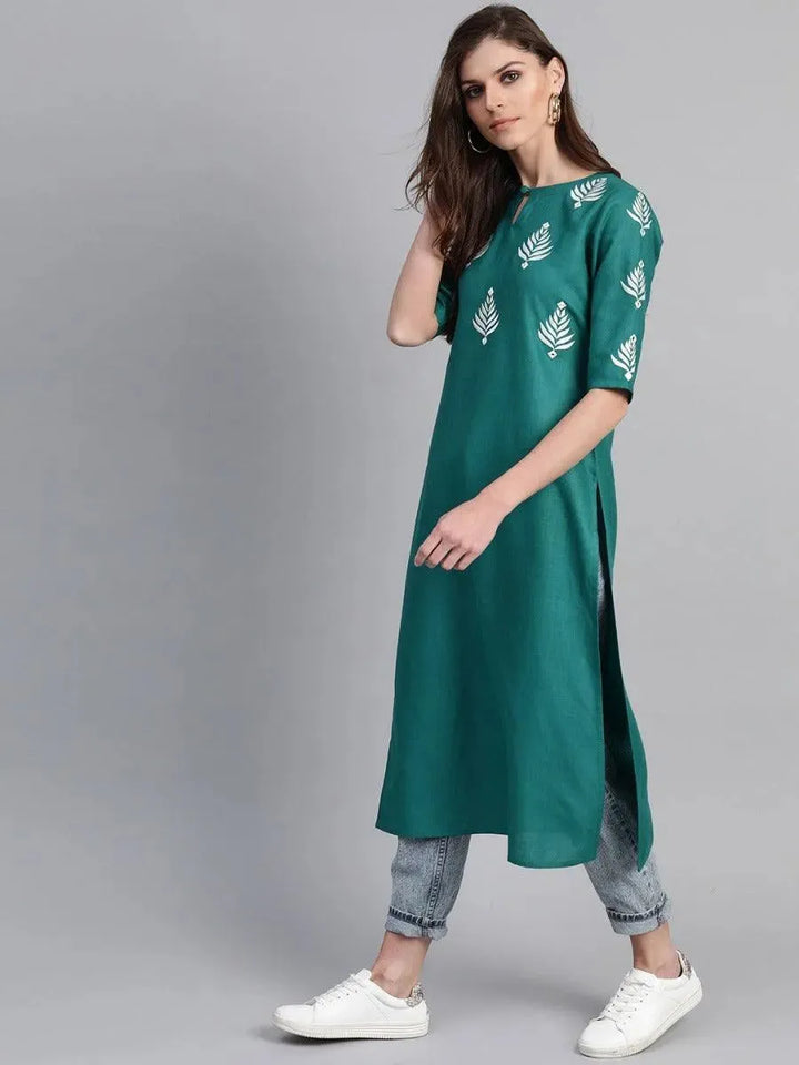 Green Embroidered Cotton Kurta - Libas