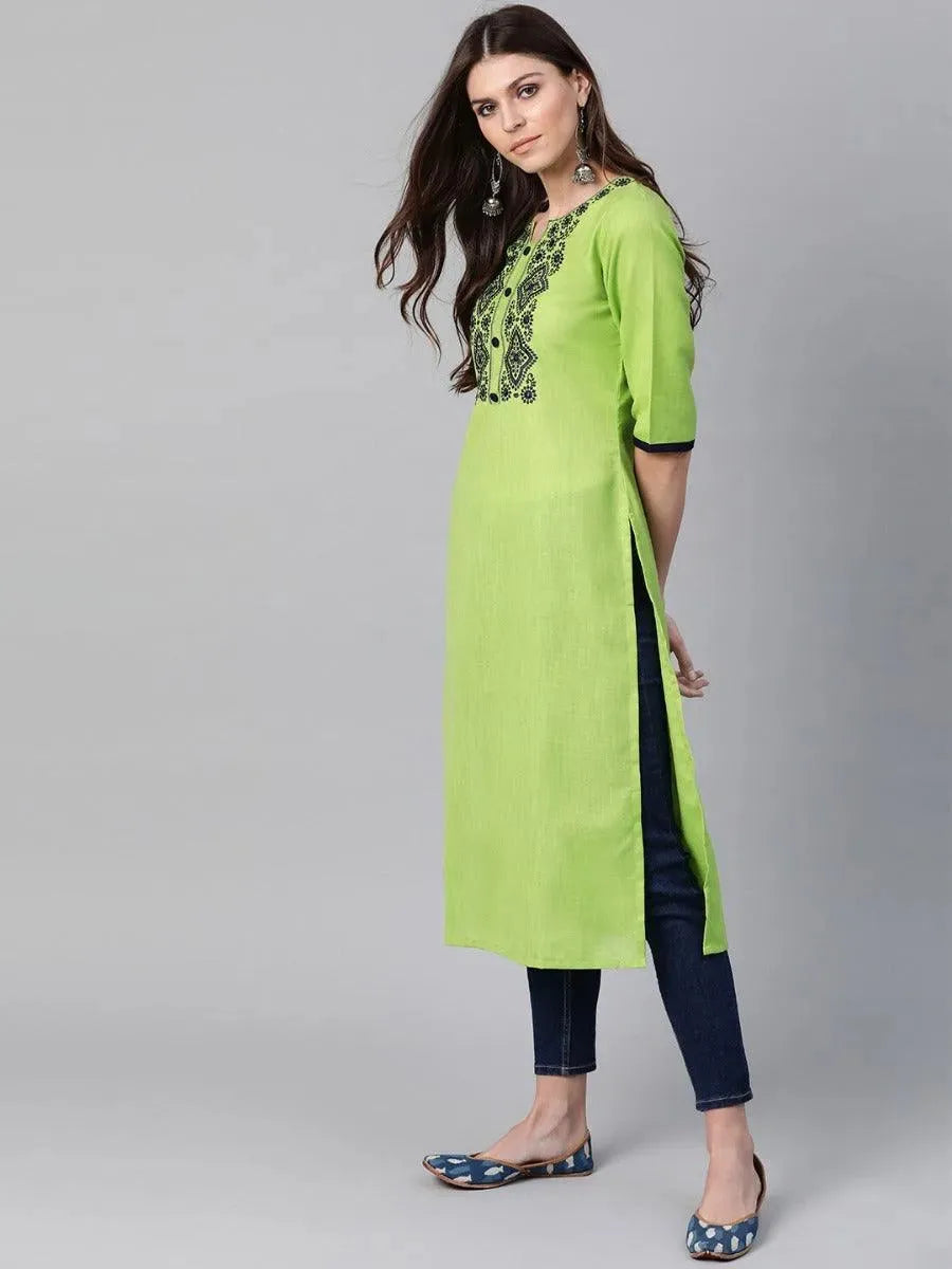 Green Embroidered Cotton Kurta - Libas 