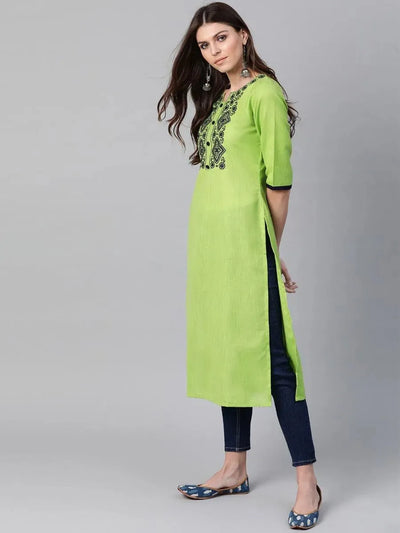 Green Embroidered Cotton Kurta - Libas