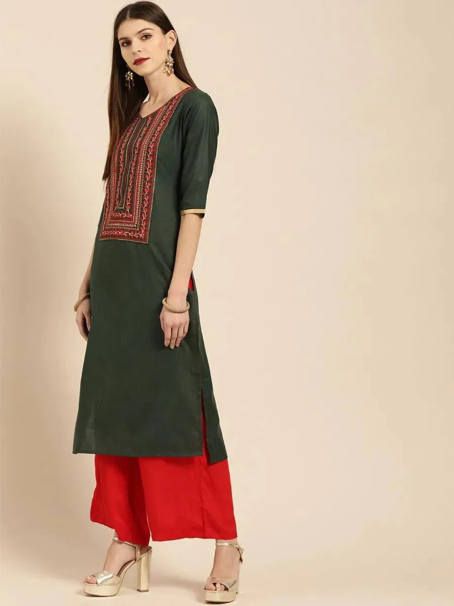 Green Embroidered Cotton Kurta - Libas