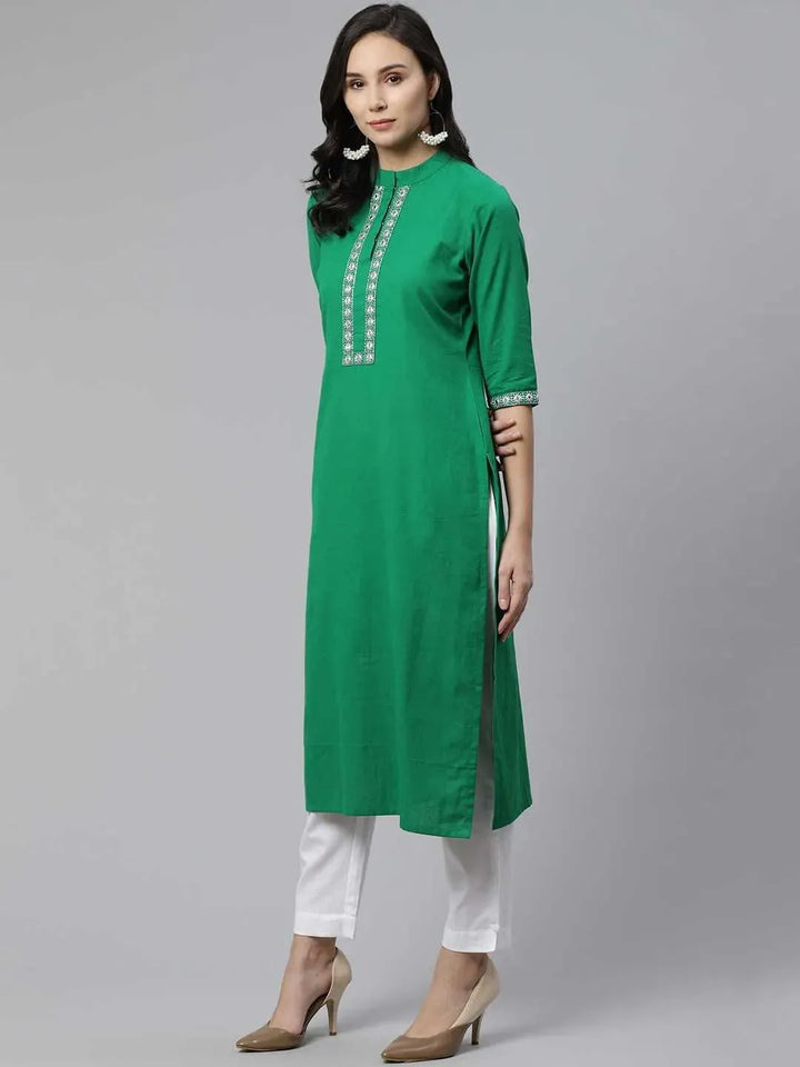 Green Embroidered Cotton Kurta - Libas