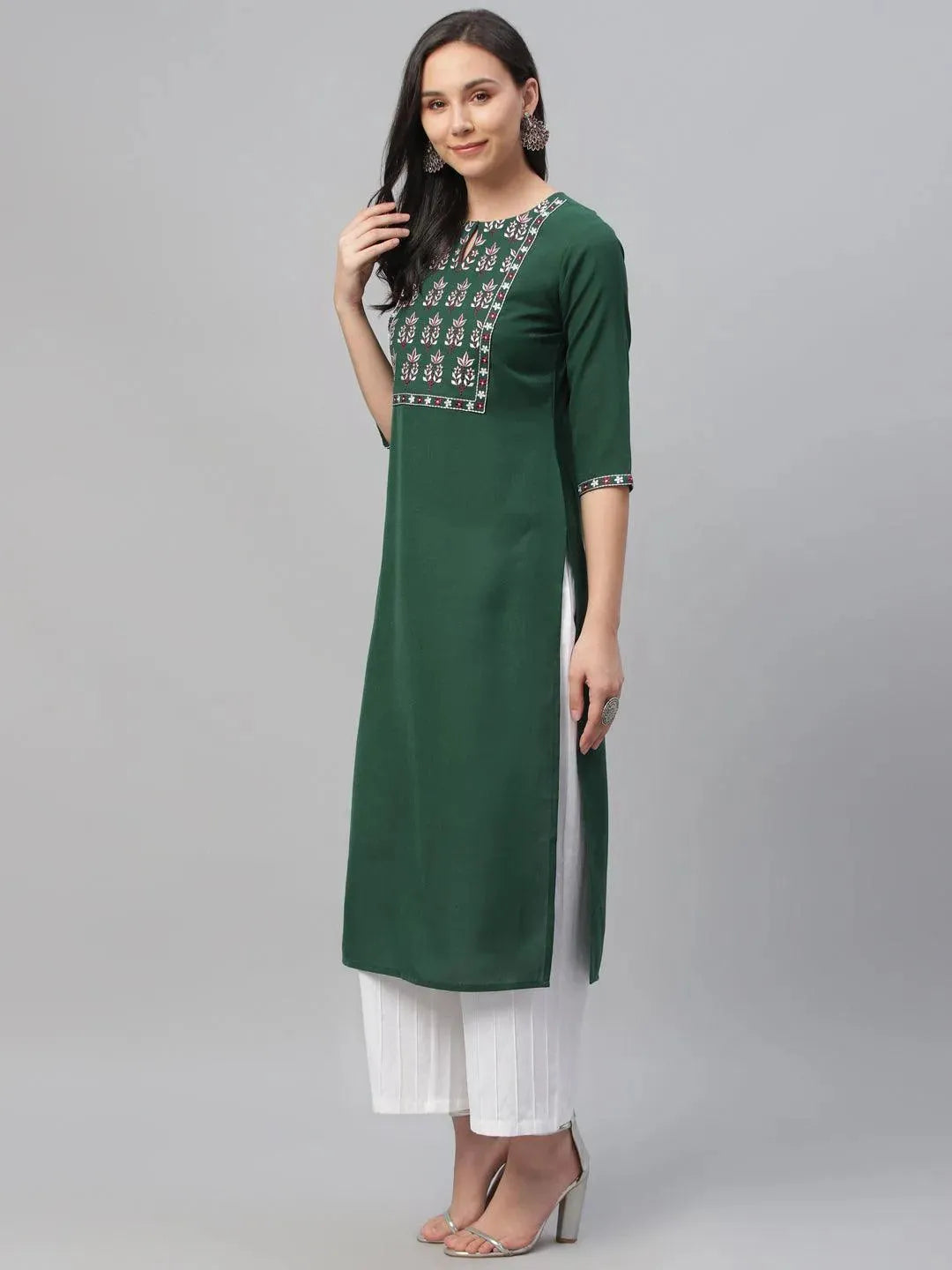 Green Embroidered Cotton Kurta - Libas