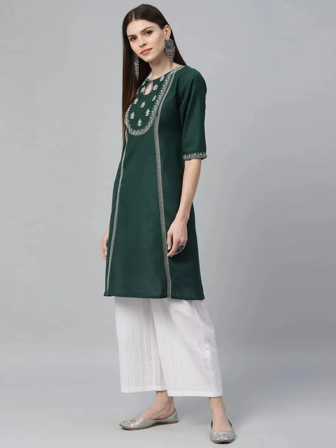 Green Embroidered Cotton Kurta - Libas 