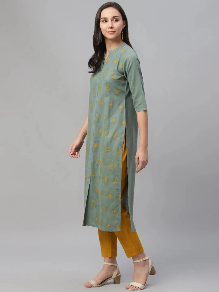 Green Embroidered Cotton Kurta - Libas