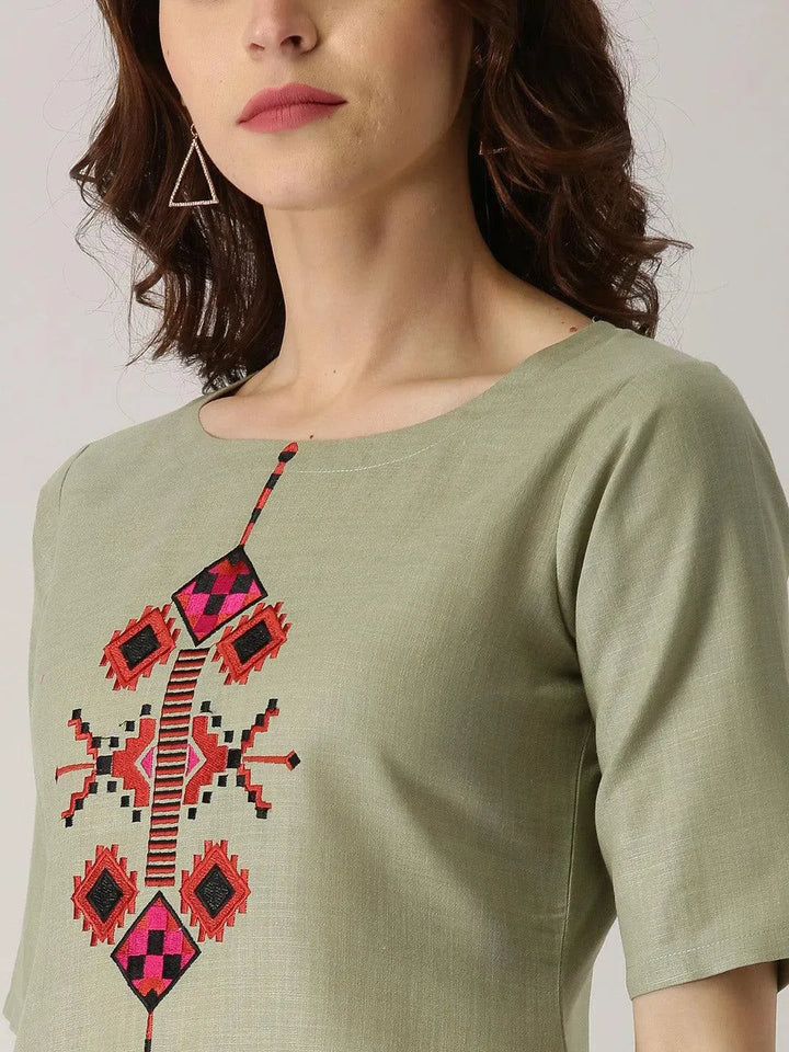 Green Embroidered Cotton Kurta - Libas