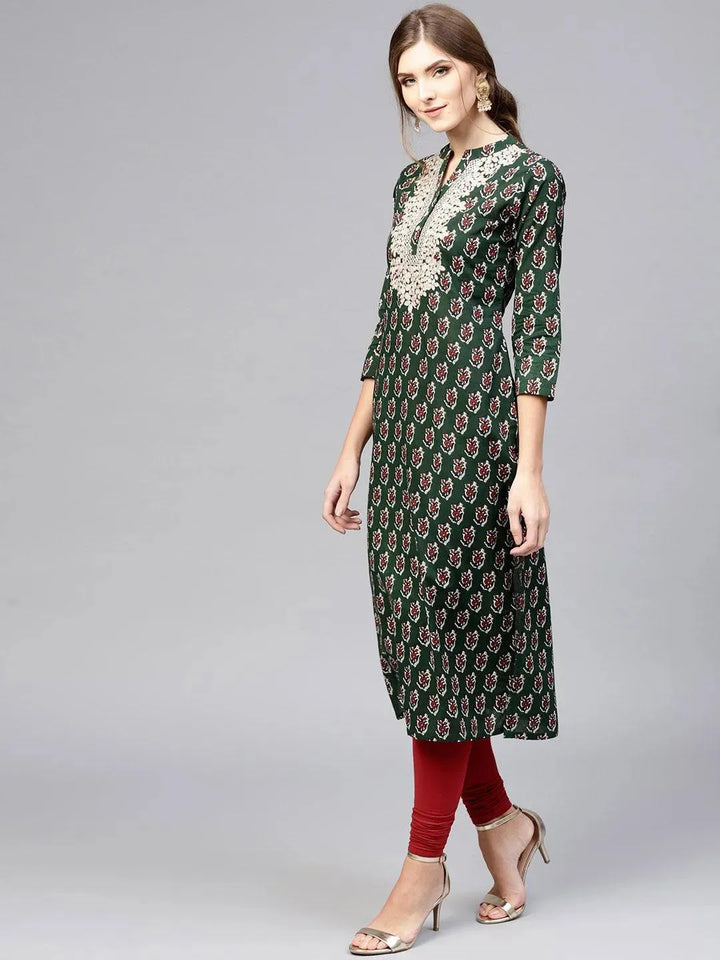 Green Embroidered Cotton Kurta - Libas