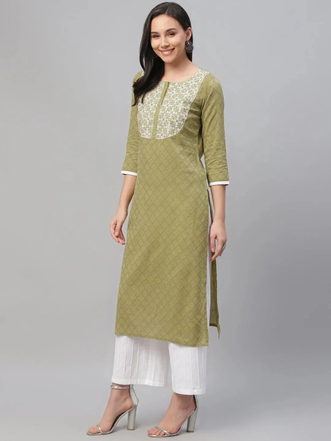 Green Embroidered Cotton Kurta - Libas