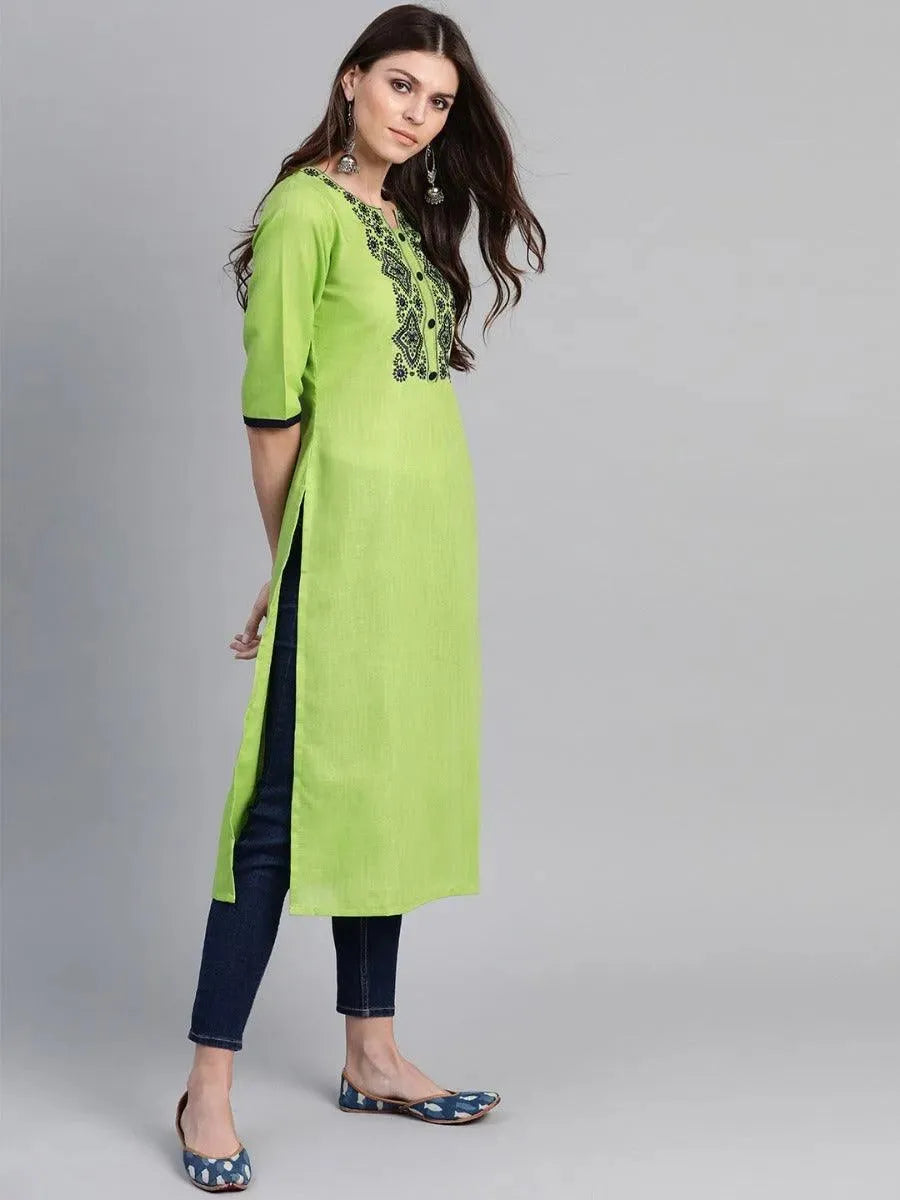 Green Embroidered Cotton Kurta - Libas 