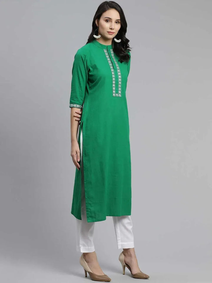 Green Embroidered Cotton Kurta - Libas