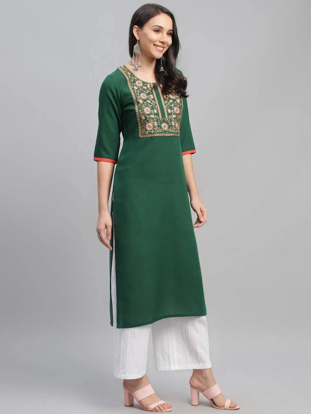 Green Embroidered Cotton Kurta - Libas