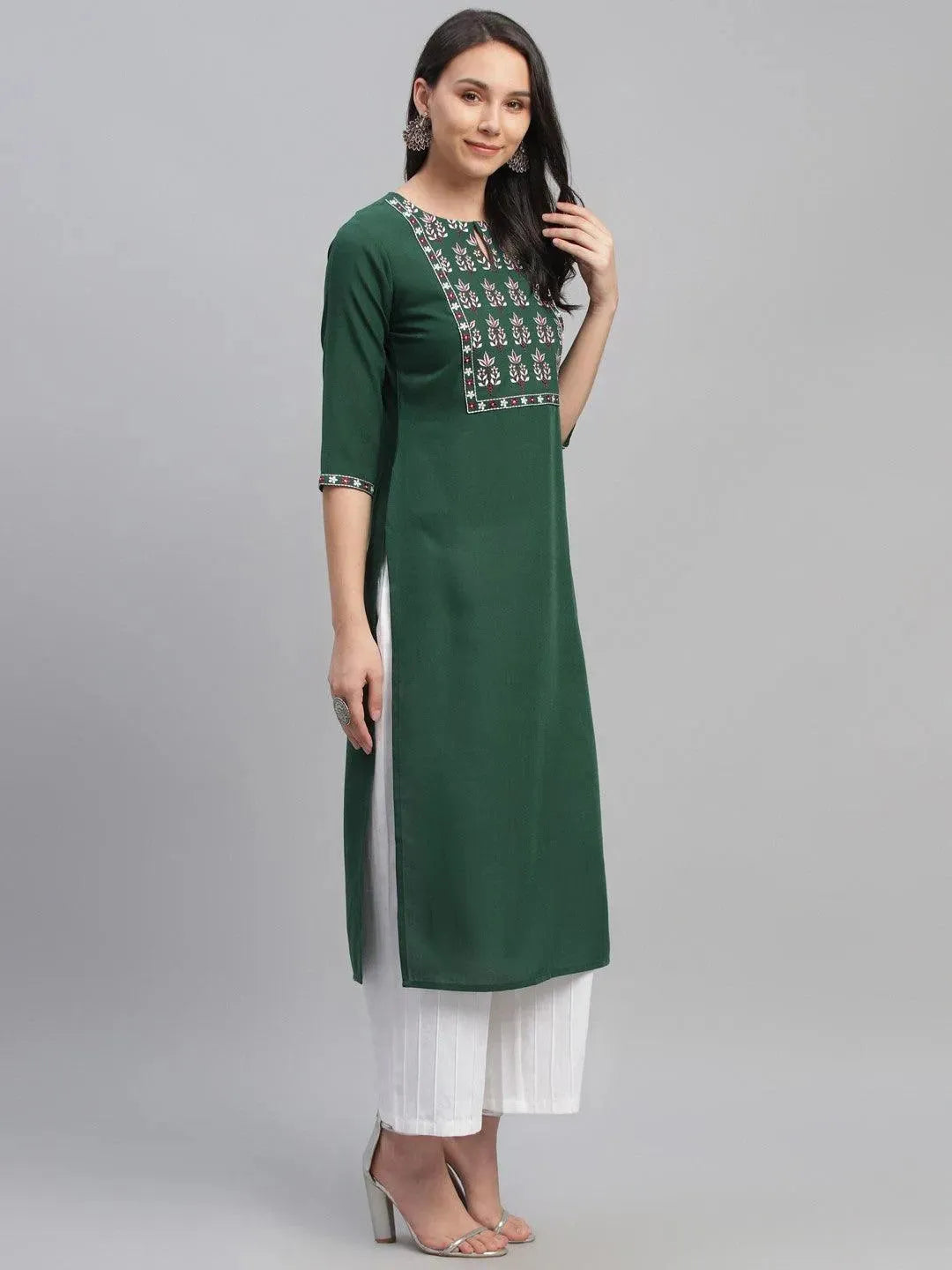 Green Embroidered Cotton Kurta - Libas