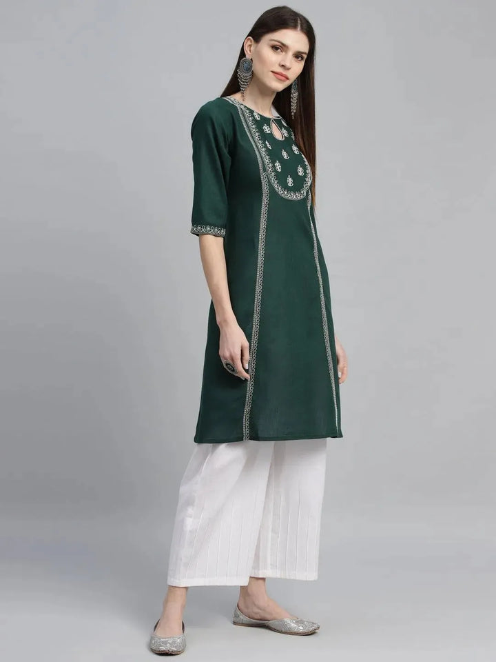 Green Embroidered Cotton Kurta - Libas