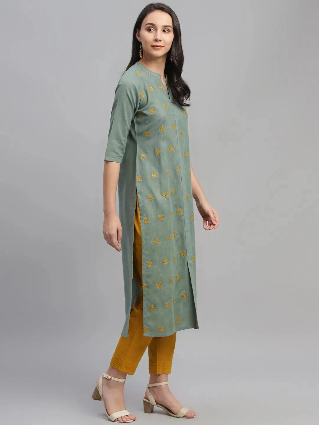 Green Embroidered Cotton Kurta - Libas 