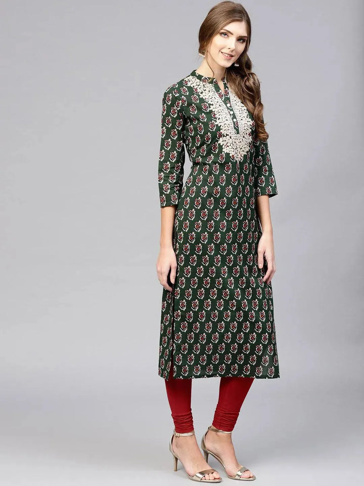 Green Embroidered Cotton Kurta - Libas