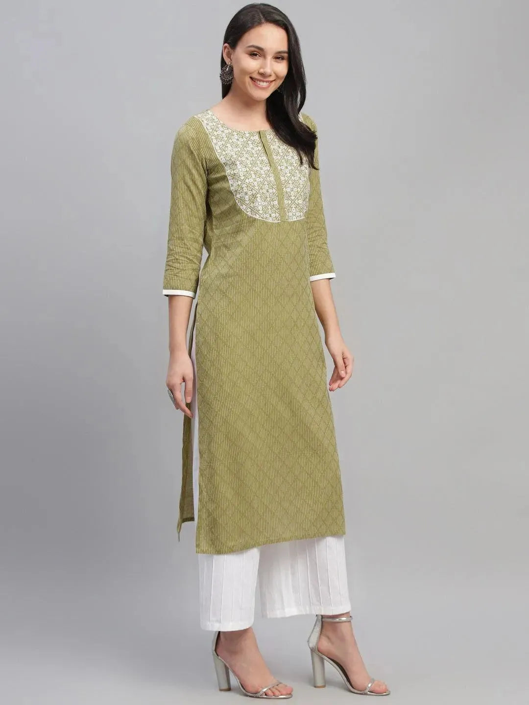 Green Embroidered Cotton Kurta - Libas 