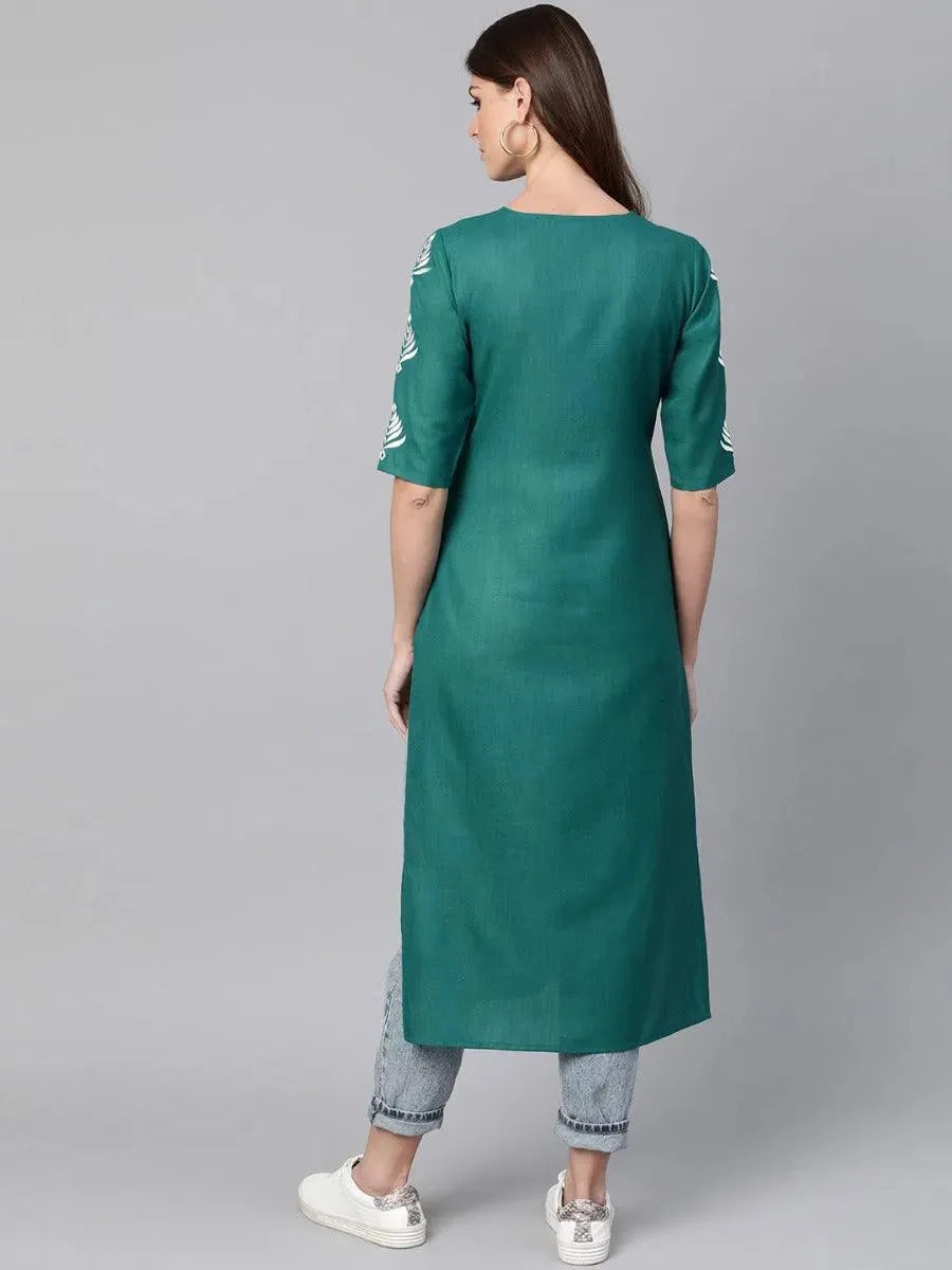 Green Embroidered Cotton Kurta - Libas 