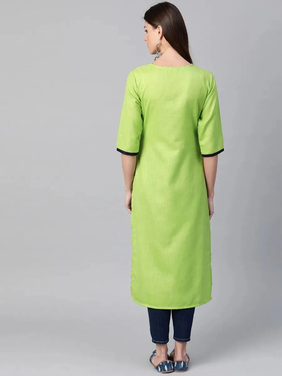 Green Embroidered Cotton Kurta - Libas 