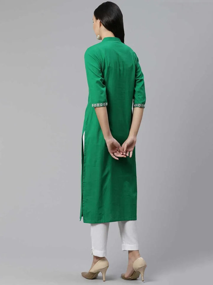 Green Embroidered Cotton Kurta - Libas