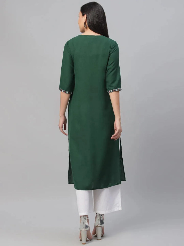 Green Embroidered Cotton Kurta - Libas