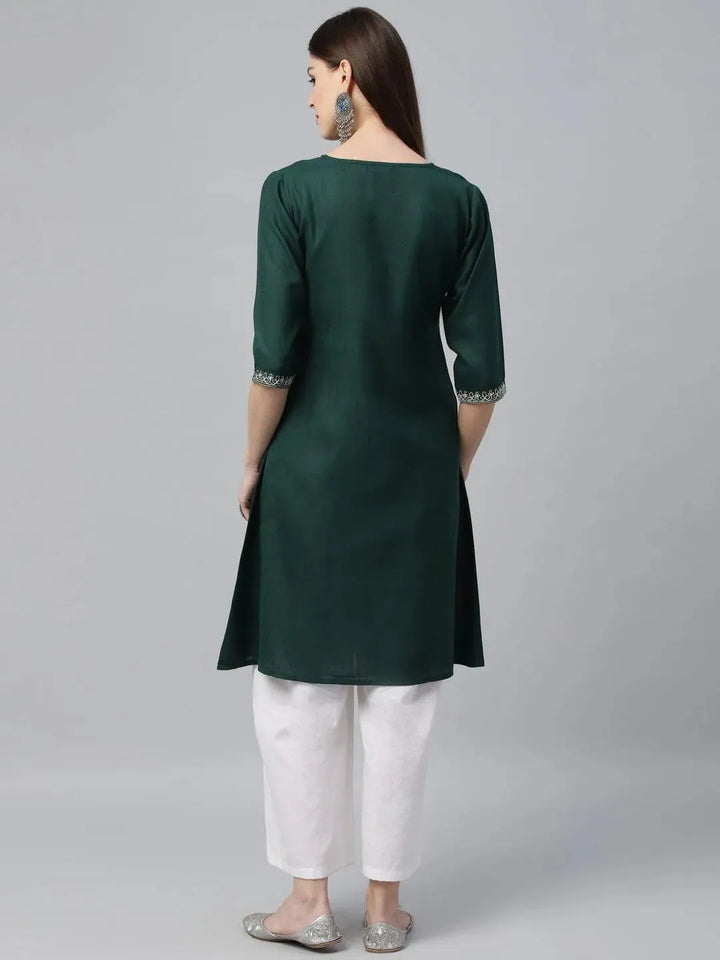 Green Embroidered Cotton Kurta - Libas