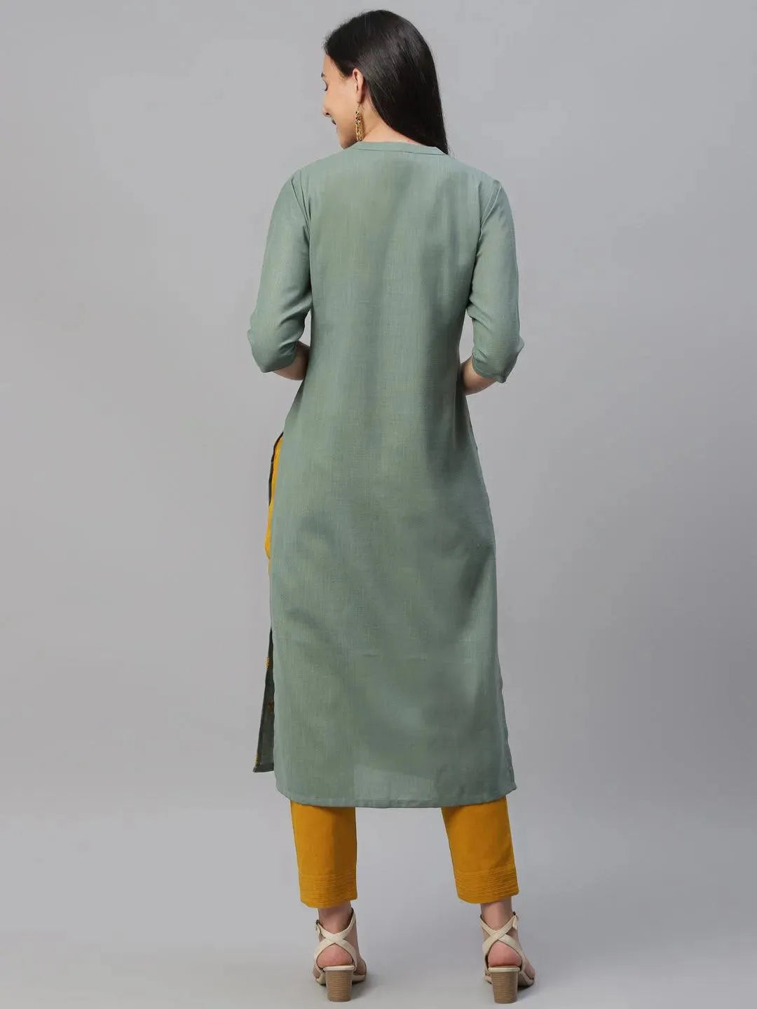 Green Embroidered Cotton Kurta - Libas 