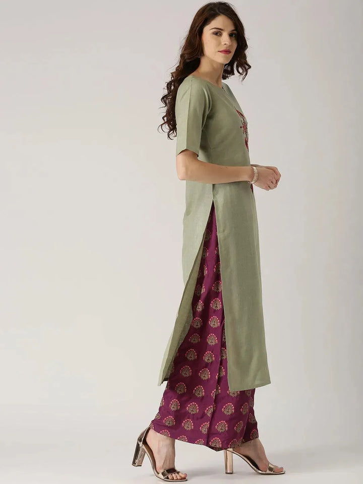 Green Embroidered Cotton Kurta - Libas