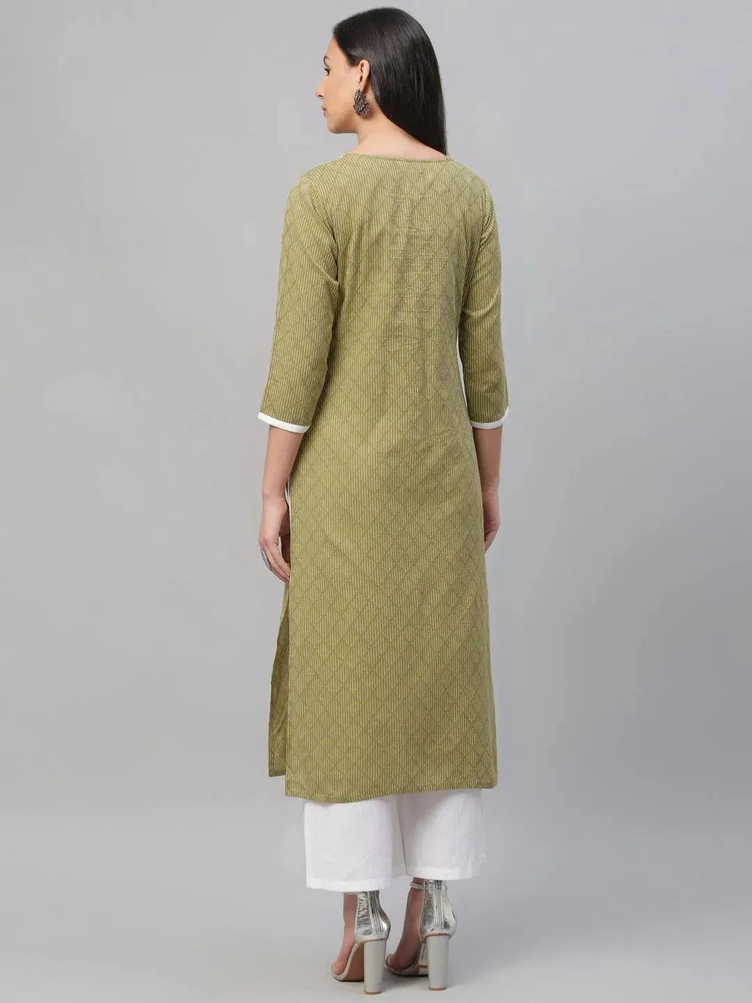 Green Embroidered Cotton Kurta - Libas 