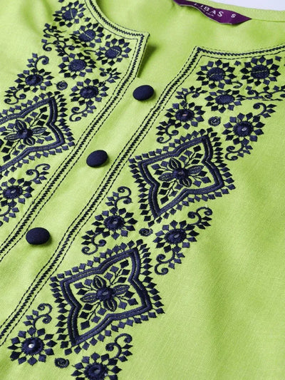 Green Embroidered Cotton Kurta - Libas