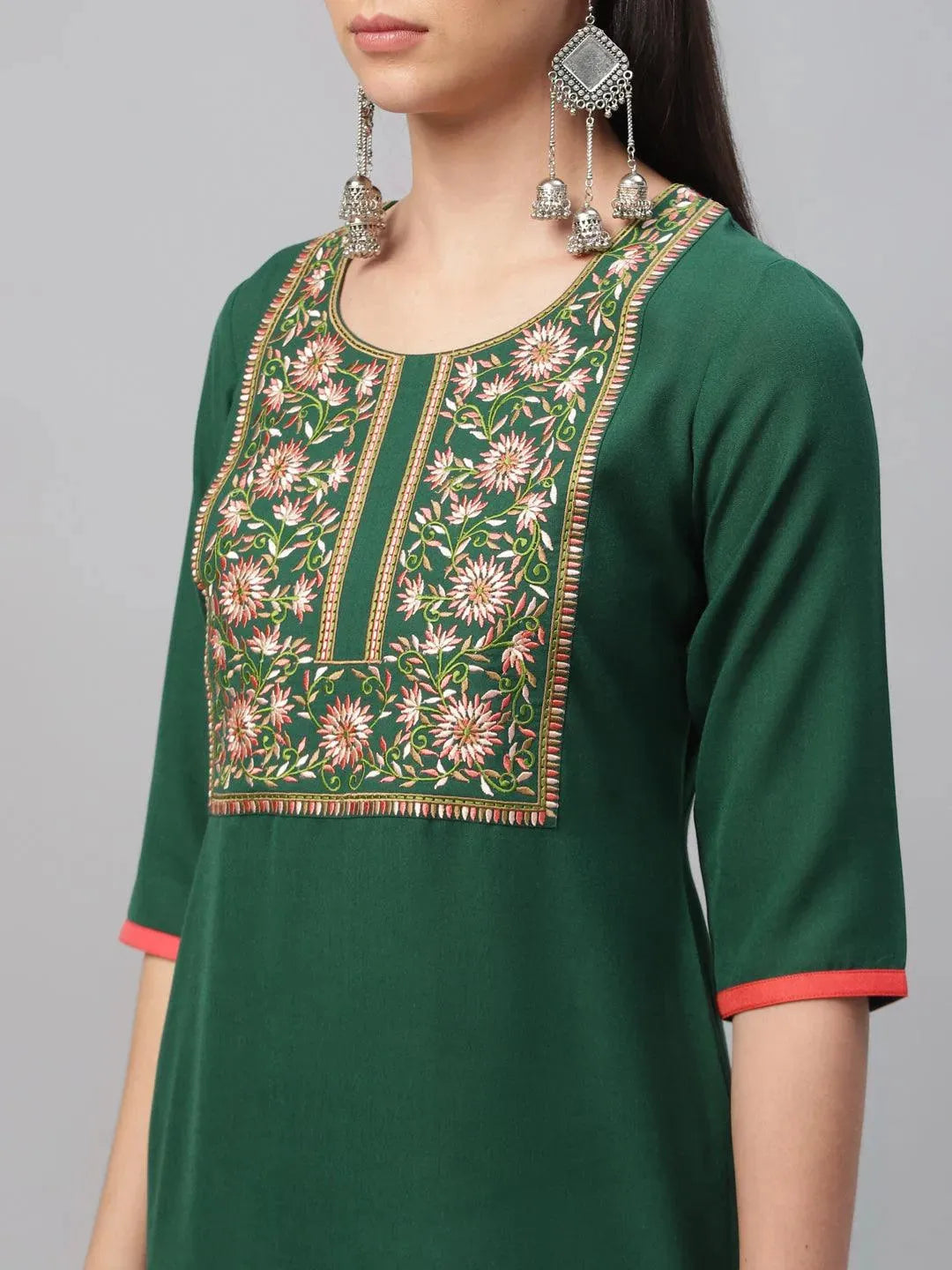 Green Embroidered Cotton Kurta - Libas 