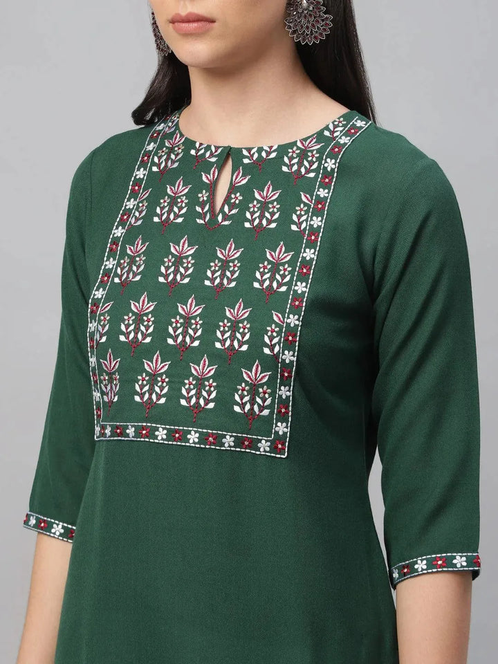 Green Embroidered Cotton Kurta - Libas