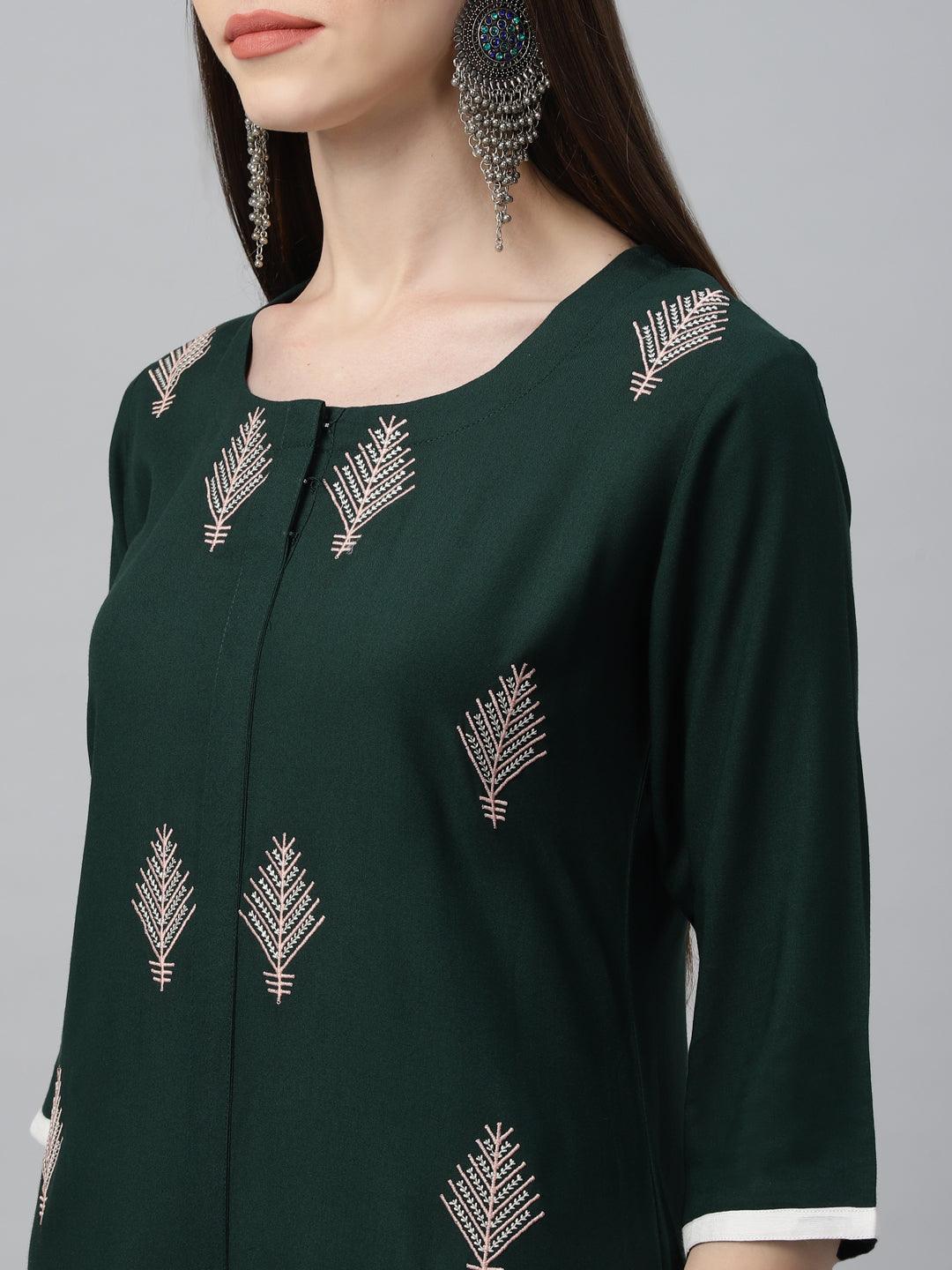 Green Embroidered Cotton Kurta - Libas