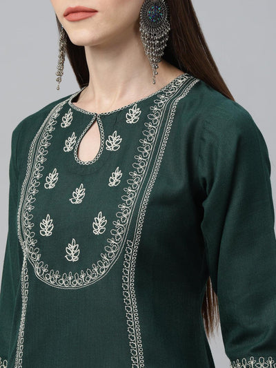 Green Embroidered Cotton Kurta - Libas