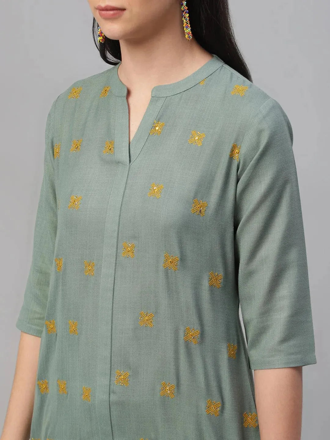 Green Embroidered Cotton Kurta - Libas 