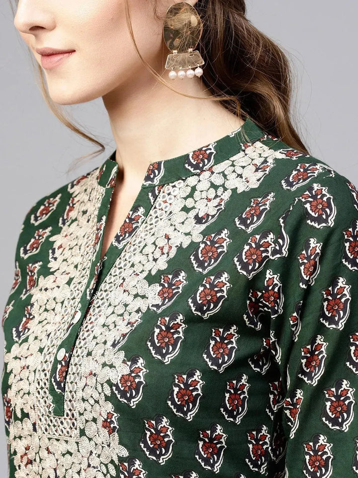 Green Embroidered Cotton Kurta - Libas