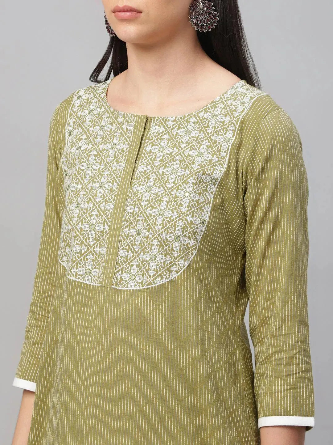 Green Embroidered Cotton Kurta - Libas