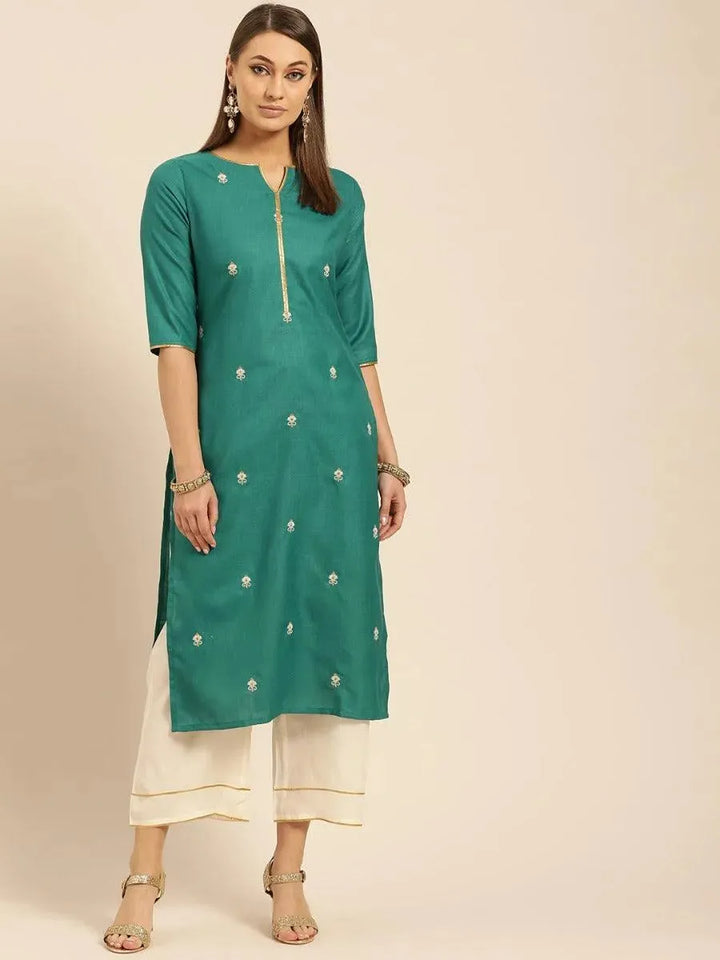 Green Embroidered Cotton Kurta Set - Libas