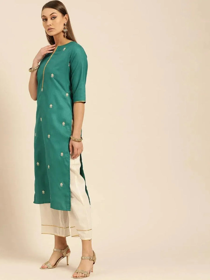 Green Embroidered Cotton Kurta Set - Libas