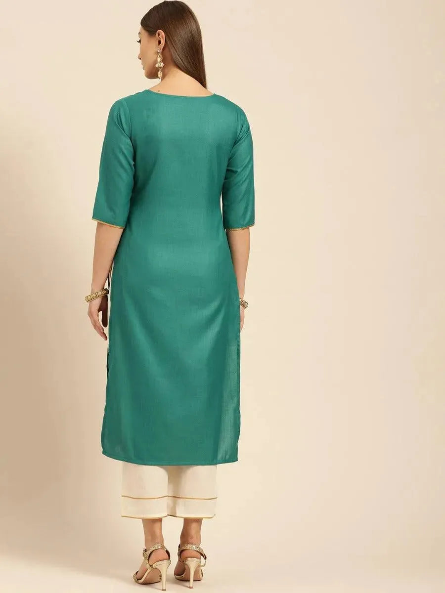 Green Embroidered Cotton Kurta Set - Libas 