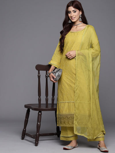 Green Embroidered Cotton Straight Kurta With Trousers & Dupatta - Libas