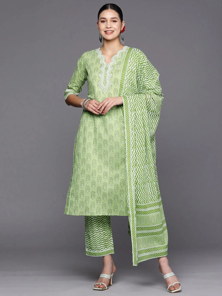 Green Embroidered Cotton Straight Suit Set With Trousers - Libas
