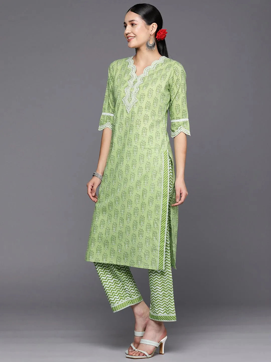 Green Embroidered Cotton Straight Suit Set With Trousers - Libas 